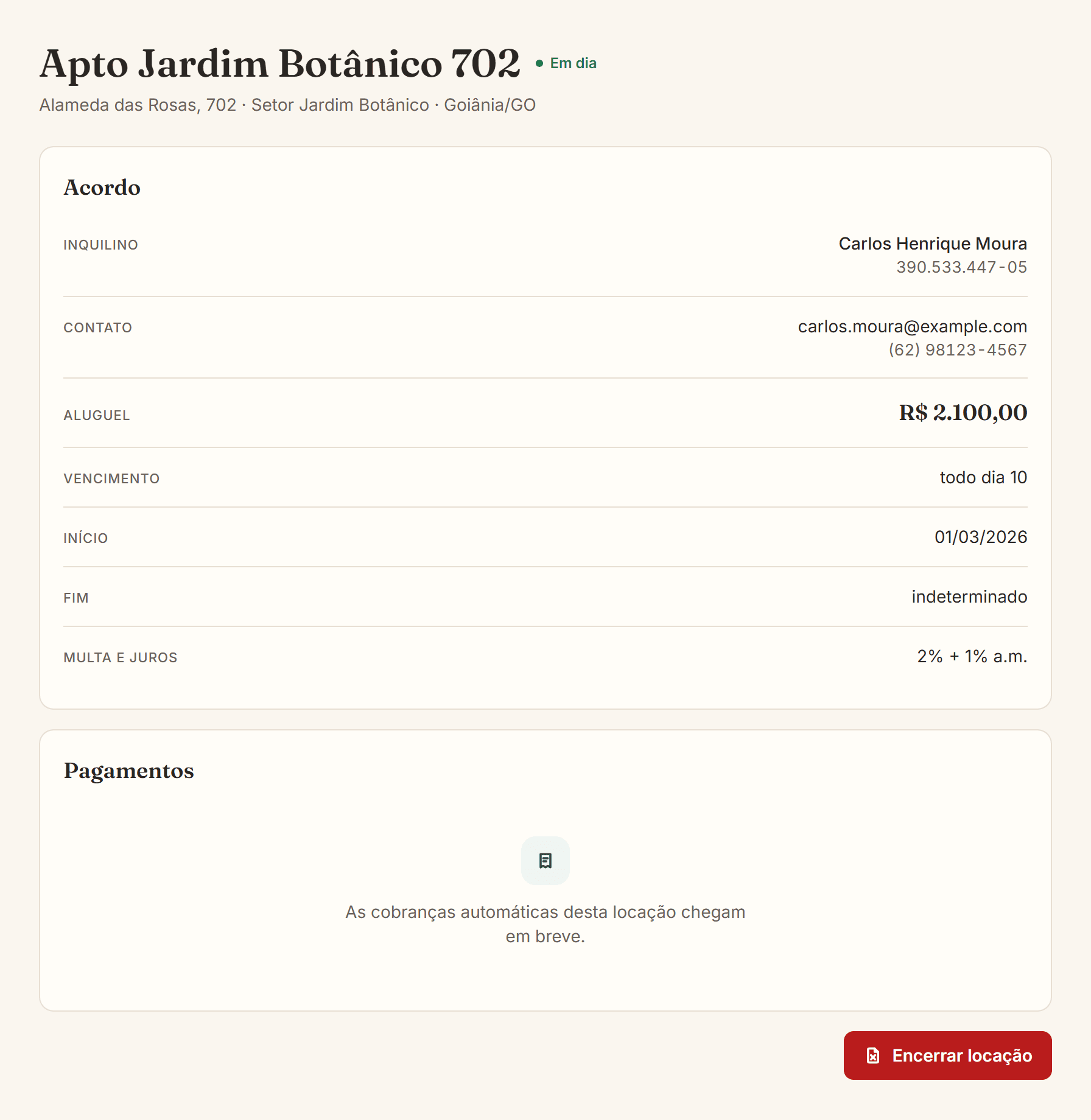 Ficha de uma locação no app: Apto Jardim Botânico 702 com selo Em dia, dados do inquilino, aluguel de R$ 2.100,00, vencimento todo dia 10 e a seção de pagamentos.